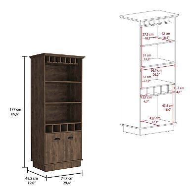 Dundee 70-inch High 10-glass Bar Cabinet With 5 Cubbies And 3 Open Shelves And Cabinet