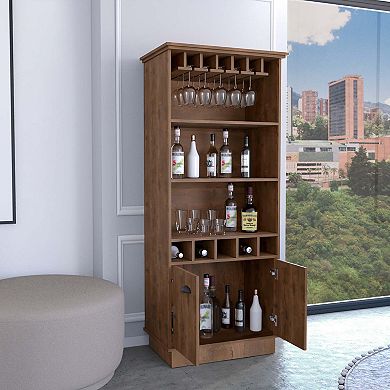 Dundee 70-inch High 10-glass Bar Cabinet With 5 Cubbies And 3 Open Shelves And Cabinet