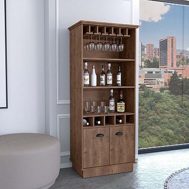 Dundee 70-inch High 10-glass Bar Cabinet With 5 Cubbies And 3 Open Shelves And Cabinet