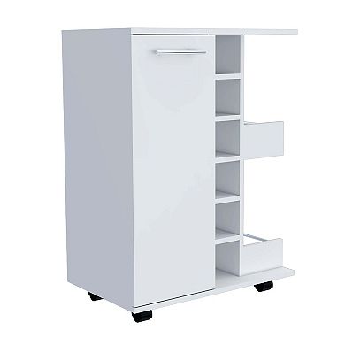 Bar Cart, Two External Shelves, Four Casters, Six Built-in Wine Rack, Single Door Cabinet