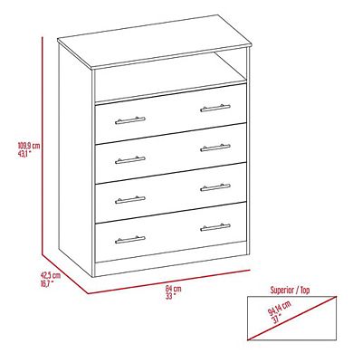 Peru L Four Drawer Dresser, Superior Top, One Open Shelf