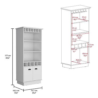 Dundee 70-inch High 10-glass Bar Cabinet With 5 Cubbies And 3 Open Shelves And Cabinet