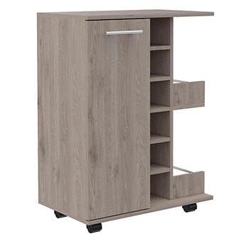 Bar Cart, Two External Shelves, Four Casters, Six Built-in Wine Rack, Single Door Cabinet