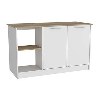 Juniper Kitchen Island With Large Top Surface, Double Door Cabinet, And Open Shelves
