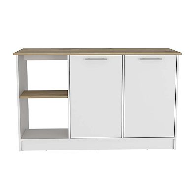 Juniper Kitchen Island With Large Top Surface, Double Door Cabinet, And Open Shelves