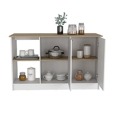 Juniper Kitchen Island With Large Top Surface, Double Door Cabinet, And Open Shelves