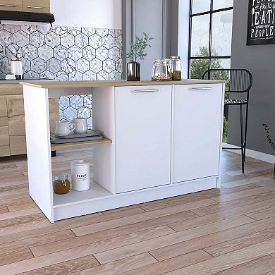 Juniper Kitchen Island With Large Top Surface, Double Door Cabinet, And Open Shelves