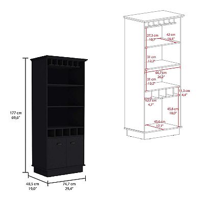 Dundee 70-inch High 10-glass Bar Cabinet With 5 Cubbies And 3 Open Shelves And Cabinet