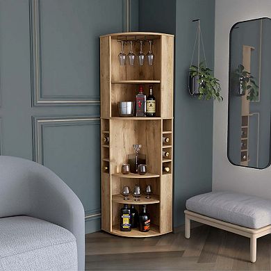 Oban Corner Bar Cabinet With Five Shelves , Eight Bottle Cubbies And Steamware