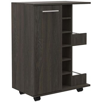 Bar Cart, Two External Shelves, Four Casters, Six Built-in Wine Rack, Single Door Cabinet