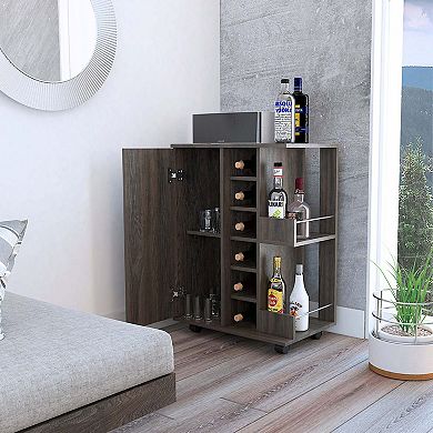 Bar Cart, Two External Shelves, Four Casters, Six Built-in Wine Rack, Single Door Cabinet