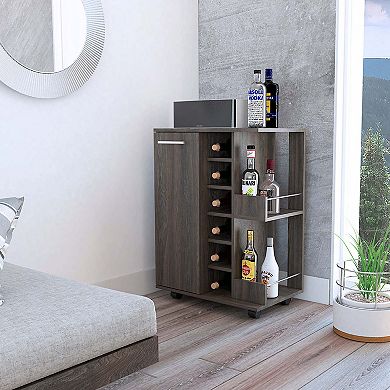 Bar Cart, Two External Shelves, Four Casters, Six Built-in Wine Rack, Single Door Cabinet