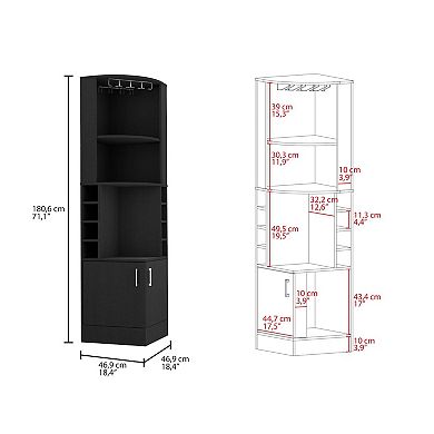 Syrah Corner Bar Cabinet, Eight Bottle Cubbies, Double Door, Two Open Shelves