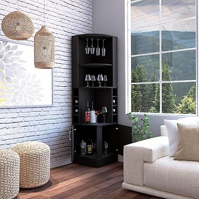 Syrah Corner Bar Cabinet, Eight Bottle Cubbies, Double Door, Two Open Shelves