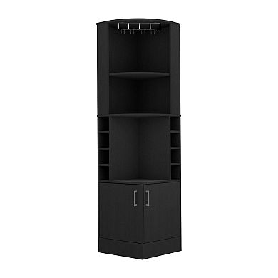 Syrah Corner Bar Cabinet, Eight Bottle Cubbies, Double Door, Two Open Shelves