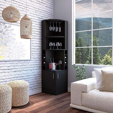 Syrah Corner Bar Cabinet, Eight Bottle Cubbies, Double Door, Two Open Shelves