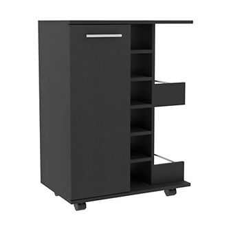 Bar Cart, Two External Shelves, Four Casters, Six Built-in Wine Rack, Single Door Cabinet