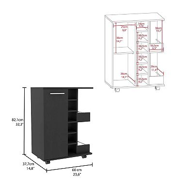 Bar Cart, Two External Shelves, Four Casters, Six Built-in Wine Rack, Single Door Cabinet