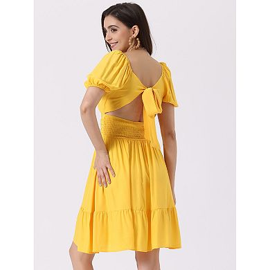 Smocked Dress For Women's Summer Casual  Bow Tie Back Ruffle A-line Dress