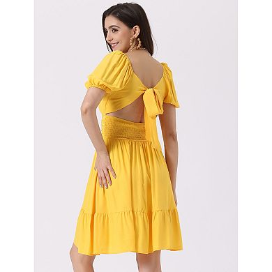 Smocked Dress For Women's Summer Casual Bow Tie Back Ruffle A-line Dress