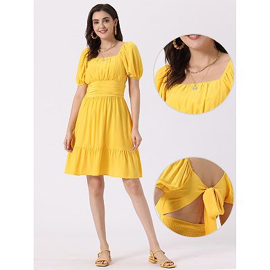Smocked Dress For Women's Summer Casual Bow Tie Back Ruffle A-line Dress