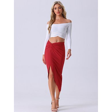 Slit Front Skirts For Women's Irregular Ruched Elastic High Waist Solid Midi Skirt