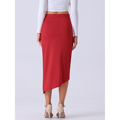 Slit Front Skirts For Women's Irregular Ruched Elastic High Waist Solid Midi Skirt