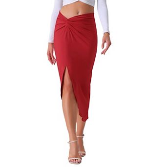 Slit Front Skirts For Women's Irregular Ruched Elastic High Waist Solid Midi Skirt
