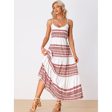 Boho Dresses For Women's Spaghetti Strap Tie Waist Cami Tiered Maxi Dress