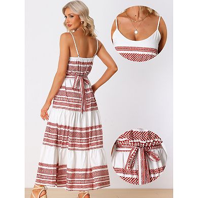 Boho Dresses For Women's Spaghetti Strap Tie Waist Cami Tiered Maxi Dress