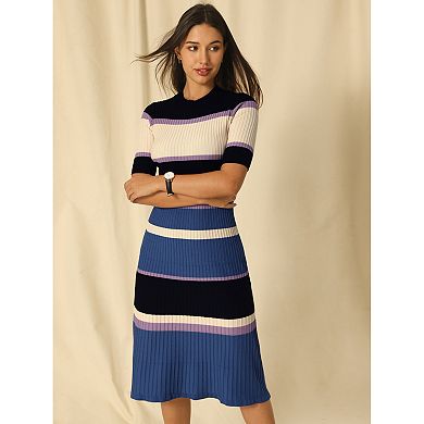 Women's Striped Midi Dress Short Sleeve Basic Knitted A-line Dress