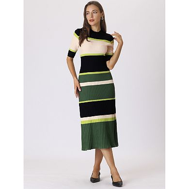 Women's Striped Midi Dress Short Sleeve Basic Knitted A-line Dress