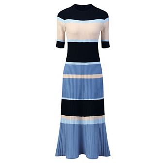 Women's Striped Midi Dress Short Sleeve Basic Knitted A-line Dress