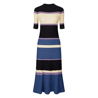 Women's Striped Midi Dress Short Sleeve Basic Knitted A-line Dress