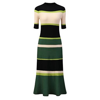 Women's Striped Midi Dress Short Sleeve Basic Knitted A-line Dress