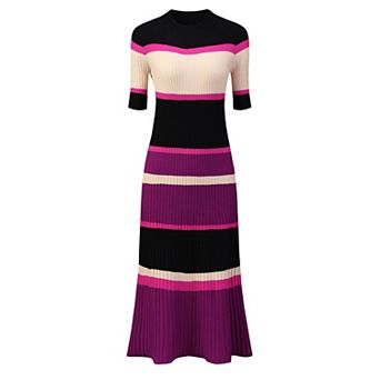 Women's Striped Midi Dress Short Sleeve Basic Knitted A-line Dress