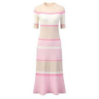 Women's Striped Midi Dress Short Sleeve Basic Knitted A-line Dress