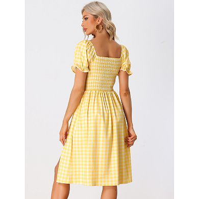 Smocked Dress for Women's Gingham Square Neck Short Sleeve Casual Plaid Dress