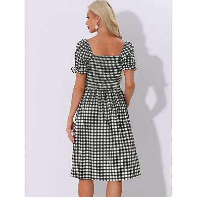 Smocked Dress For Women's Gingham Square Neck Short Sleeve Casual Plaid Dress