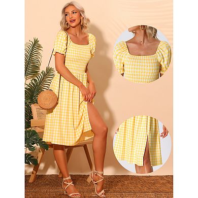 Smocked Dress for Women's Gingham Square Neck Short Sleeve Casual Plaid Dress