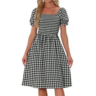 Smocked Dress For Women's Gingham Square Neck Short Sleeve Casual Plaid Dress