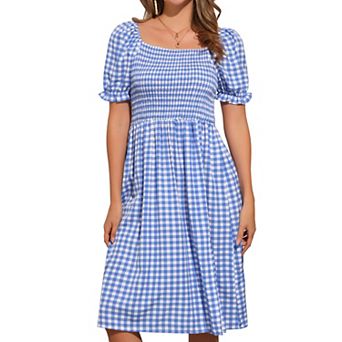 Smocked Dress for Women's Gingham Square Neck Short Sleeve Casual Plaid Dress