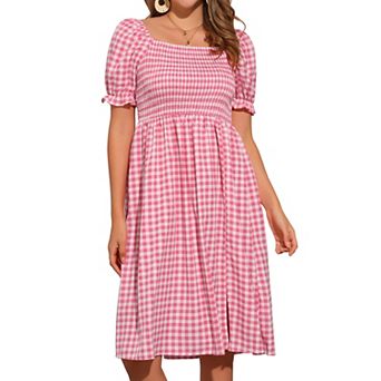 Smocked Dress For Women's Gingham Square Neck Short Sleeve Casual Plaid Dress