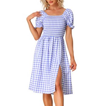 Smocked Dress For Women's Gingham Square Neck Short Sleeve Casual Plaid Dress