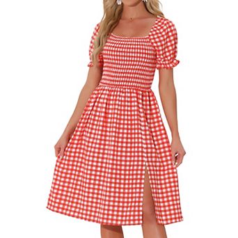Smocked Dress For Women's Gingham Square Neck Short Sleeve Casual Plaid Dress