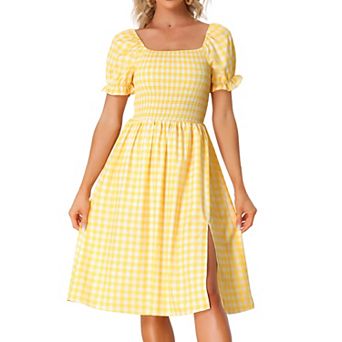 Smocked Dress for Women's Gingham Square Neck Short Sleeve Casual Plaid Dress