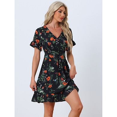 Floral Print Chiffon Dress For Women's Summer Short Sleeve V Neck Lace Up Cinched Waist Dress