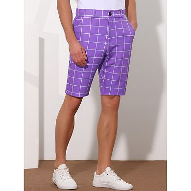 Plaid Golf Shorts For Men's Color Block Flat Front Formal Check Shorts