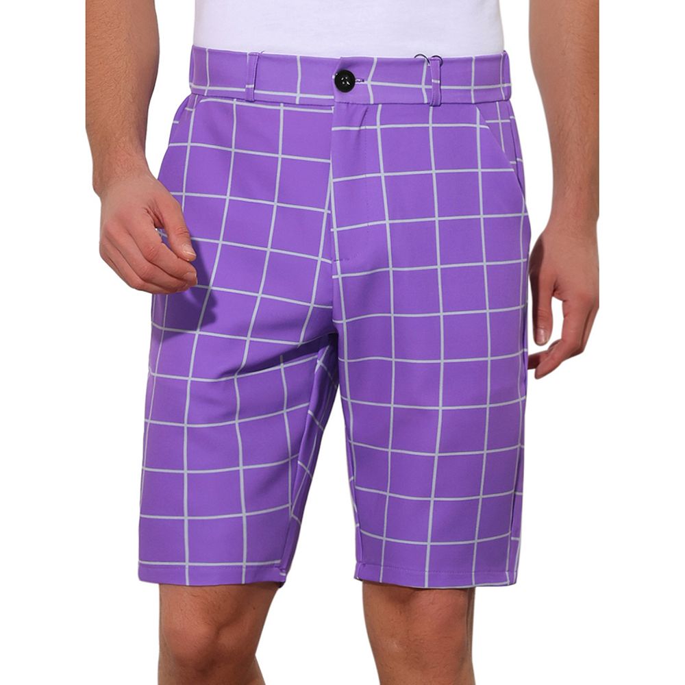 Plaid Golf Shorts for Men's Color Block Flat Front Formal Check Shorts