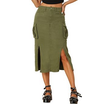 Denim Cargo Skirt For Women's Y2k Split Hem Midi Jean Skirts With Pocket